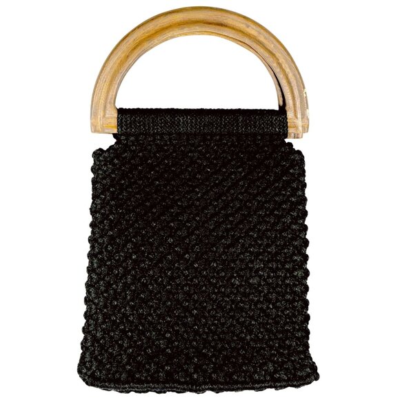 Vintage 1970s Black Macrame Purse with Wooden Handles & Floral Lining - Picture 3 of 6